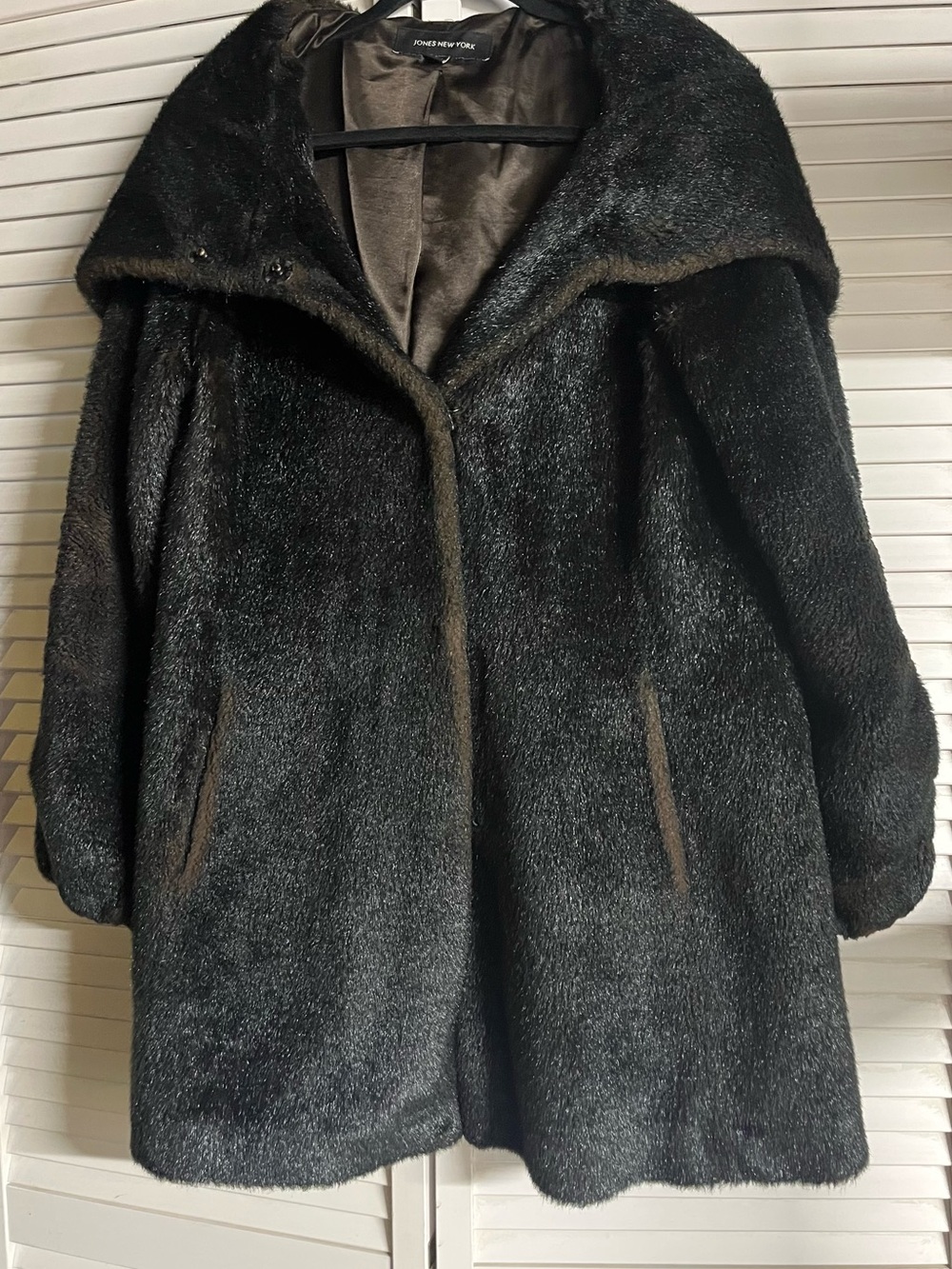 Jones New York Black Faux-Fur Teddy Coat with Wide Collar